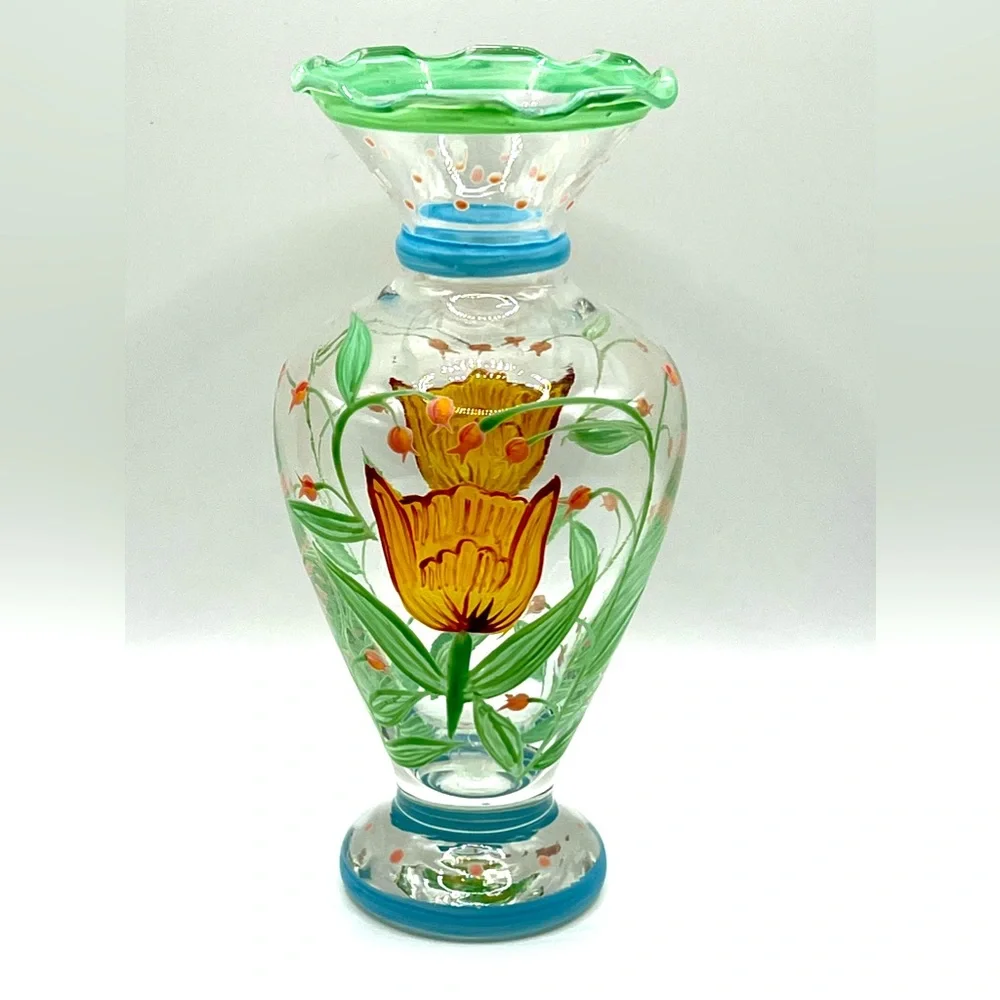 VTG Tracy Porter Hand Painted Glass Flower Vase Ruffled Rim Yellow Tulip 6.5 in